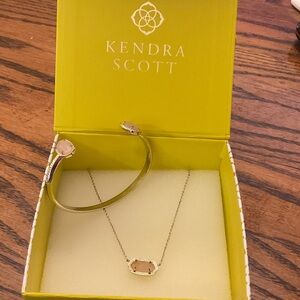 Kendra Scott Elisa Gold tone Necklace Elton cuff Bracelet Light Pink Stone Set